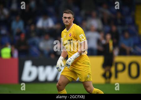 Norderstedt, Germany. 07th Aug, 2021. Football: DFB Cup, Eintracht Norderstedt - Hannover 96, 1st round at Edmund-Plambeck Stadium. Norderstedt goalkeeper Lars Huxsohl. Credit: Daniel Reinhardt/dpa - IMPORTANT NOTE: In accordance with the regulations of the DFL Deutsche Fußball Liga and/or the DFB Deutscher Fußball-Bund, it is prohibited to use or have used photographs taken in the stadium and/or of the match in the form of sequence pictures and/or video-like photo series./dpa/Alamy Live News Stock Photo