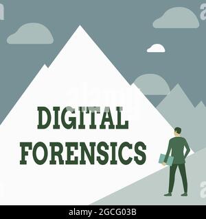 Sign displaying Digital Forensics. Internet Concept investigation of material found in digital devices Gentleman In Suit Standing Holding Notebook Stock Photo