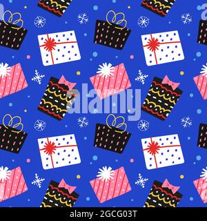 Christmas gifts pattern, gift boxes with ornaments, greeting or invitation card, hand drawn illustration, seamless pattern, wrapping paper design Stock Vector