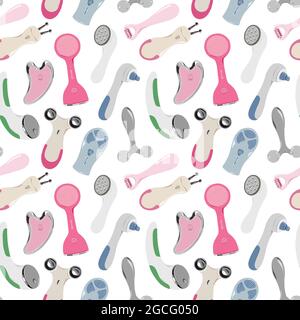 Various skin care devices, beauty tools and gadgets for skincare, facial massages, microcurrent and led light theraphy, seamless vector pattern Stock Vector