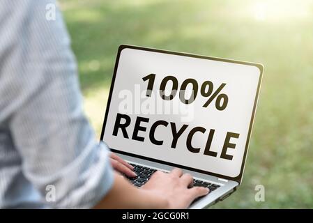 Text caption presenting 100 Percent Recycle. Business idea contains 100 percent postconsumer recovered material Online Jobs And Working Remotely Stock Photo