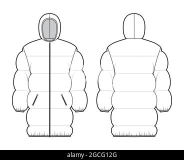Down puffer jacket coat technical fashion illustration with hoody collar, oversized, thigh length, wide quilting. Flat template front, back, white color style. Women, men, unisex top CAD mockup Stock Vector