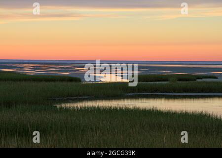 Sunset on Cape Cod Bay at Paine's Creek Beach, Brewster, Massachusetts Stock Photo