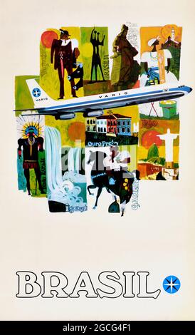 Vintage travel poster - BRAZIL. Retro advertisement by Varig. 1960s. Stock Photo