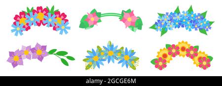 Wreaths abstract flower flat colorful icons set for app and web. Chaplet on head plants collection isolated on white background. Wedding botanical diadem. Design element. Stock Vector