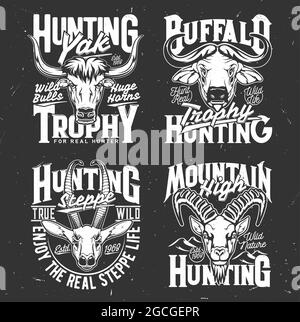 Tshirt print with mountain goat, buffalo, yak and gazelle heads. Vector wild animal mascots for hunting club, hunter trophy black and white labels for Stock Vector