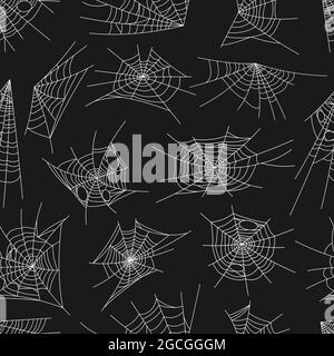 Spiderweb pattern, seamless spider web for Halloween, background, vector. White spiderweb or cobweb pattern on black background, horror holiday night Stock Vector