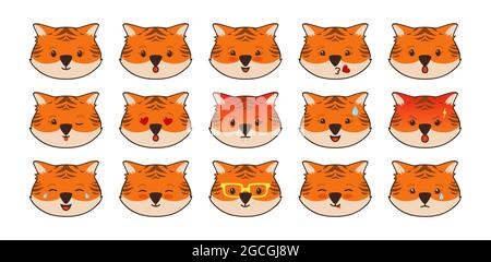 Tiger animal emoji faces set. Character tigers comic cute cartoon avatars. Different emotions sad, crying, funny or angry, smiling facial icon. Mascot kawaii emoji vector Stock Vector