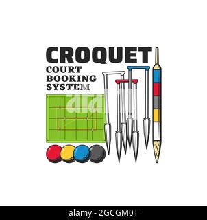 Croquet sport items vector icon of balls, wickets or hoops, scoring post and green grass play field or court. Isolated symbol of croquet game equipmen Stock Vector