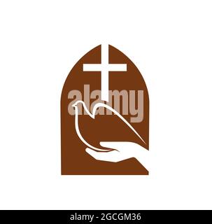 Christianity religion symbol, vector Christian church cross or Jesus Christ crucifix and dove of peace in hands. Catholic religion holy sign, brown re Stock Vector