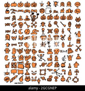 orange halloween icon set hand drawn with black lines isolated on white background illustration vector Stock Vector