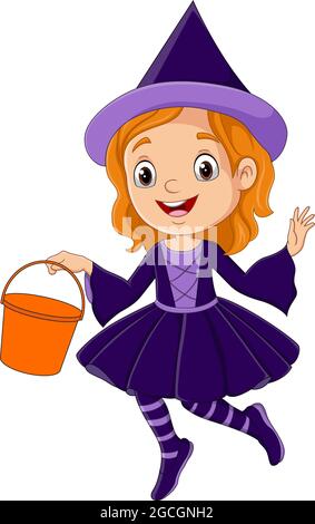 Cartoon girl wearing halloween witch costume holding pumpkin bucket Stock Vector