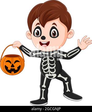 Cartoon boy wearing halloween skeleton costume holding pumpkin basket Stock Vector