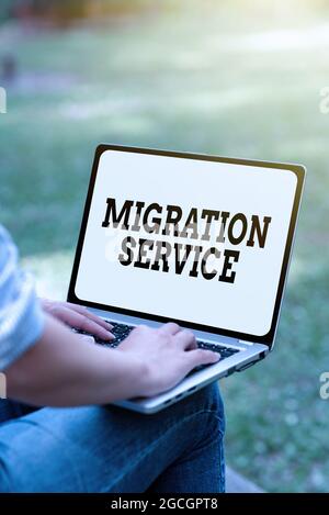 Text showing inspiration Migration Service. Word for moving of company data to a cloud service providers Online Jobs And Working Remotely Connecting Stock Photo
