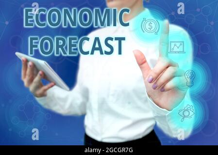 Text sign showing Economic Forecast. Word Written on attempting to predict the future condition of the economy Lady In Uniform Standing Hold Phone Stock Photo