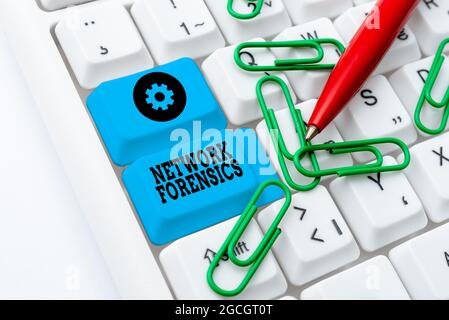 Writing displaying text Network Forensics. Conceptual photo monitoring and analysis of computer network traffic Typing Engineering Lessons And Stock Photo