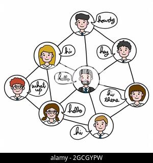 Social networking cute group cartoon face people vector illustration business concept Stock Vector