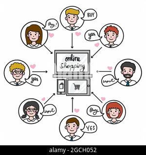 Online shopping cute group cartoon face people vector illustration business concept Stock Vector