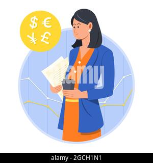 Business Woman Look at the Foreign Currency and the Financial Graph on Background. Stock Vector