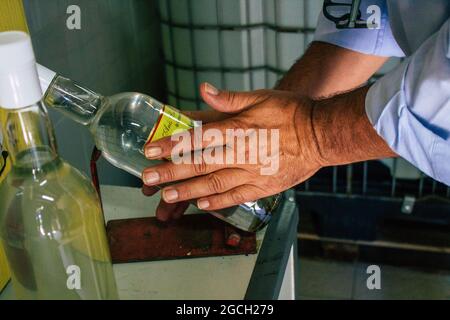 Carmona Spain August 03, 2021 Los Hermanos distillery recipe transmitted since 1880, the only anisette obtained by distillation at an intermediate gra Stock Photo