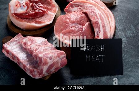 Different types of raw meat on black background. Foods high in protein. Stock Photo