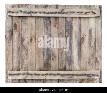 Wooden board made from pine planks fastened with iron nails  isolated Stock Photo