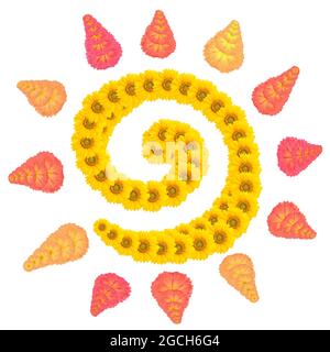 Native old Sun symbol made of flowers. Isolated  HANDMADE photo collage Stock Photo