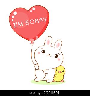 Unhappy kawaii bunny and duckling with heart-shaped balloon. Inscription I'm sorry. Cute little duck and rabbit apologize. Vector illustration EPS8 Stock Vector