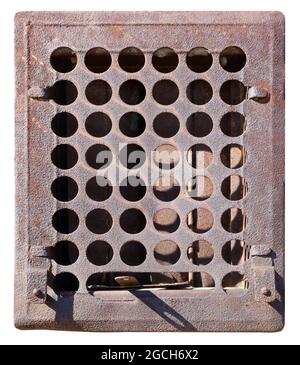Old rusty rustic barn ventilation grill. Isolated on white Stock Photo