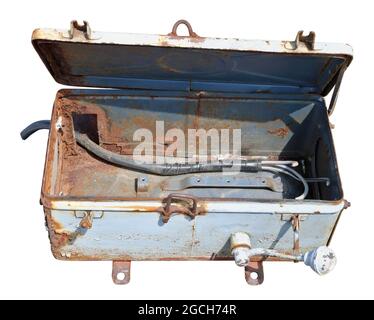 The rusty broken metal  box for f distribution of an electricity. Isolated on white Stock Photo