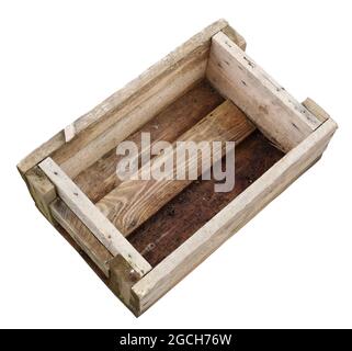 An empty wooden box made from thick planks. Isolated on white Stock Photo