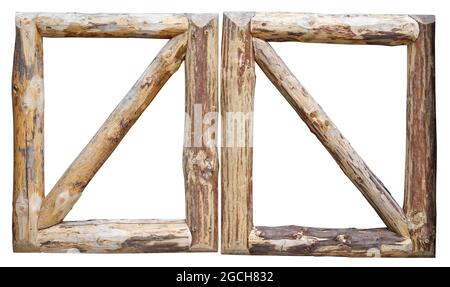 The gate in the rustic fence is made of pine logs. Isolated on white Stock Photo