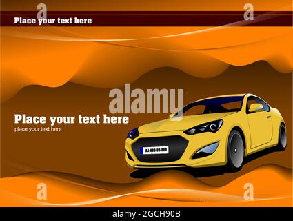 Yellow  sedan car on the road. Vector Colored 3d illustration Stock Vector