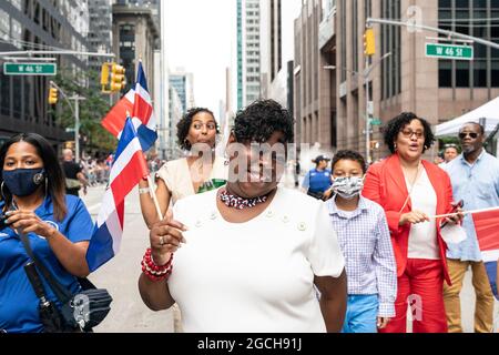 New York, United States. 08th Aug, 2021. Bronx district attorney Darcel Clark attends Dominican parade on 6th Avenue in New York on August 8, 2021. Parade was significantly scaled down because of COVID-19 pandemic and rise of infections by Delta variant. (Photo by Lev Radin/Sipa USA) Credit: Sipa USA/Alamy Live News Stock Photo