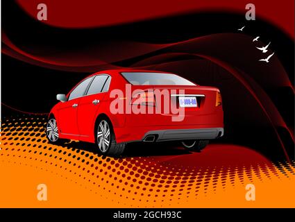 Abstract wave background with red car sedan image. Vector 3d illustration Stock Vector