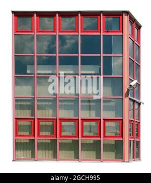 Large closed office window with an installed surveillance camera isolated on white Stock Photo