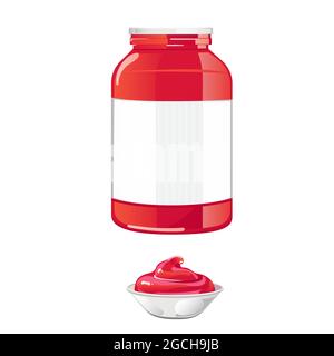 Tomato sauce jar with white lid. Red natural spicy condiment in container with label. Vector illustration in flat cartoon design isolated on white background. Stock Vector