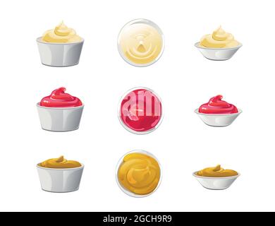 Ketchup, mayonnaise, mustard sauces set. Sauces in ceramic bowls. Realistic vector illustration isolated on white background. Stock Vector