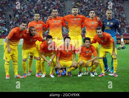 BUCHAREST, ROMANIA - AUGUST 11, 2012: Barcelona line-up poses prior to the pre-season friendly game between Dinamo Bucuresti and FC Barcelona at National Arena. Stock Photo