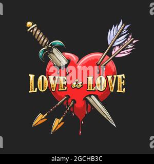 Tattoo of Heart Pierced by Dagger and Arrows and Wording Love is love on black background. Vector Illustration. Stock Vector