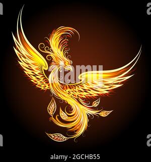 Fire burning Phoenix Bird with black background. Vector illustration. Stock Vector