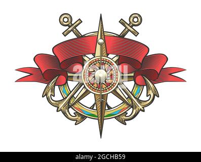 Nautical Tattoo of Wind Rose with ribbon and Two crossed Anchors isolated on white. Vector illustration. Stock Vector