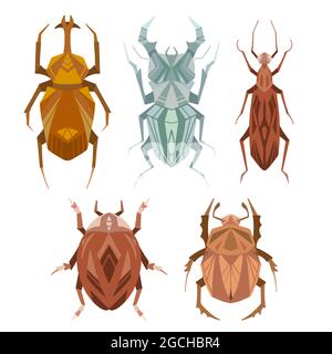 Set of geometric insects with poly decorations. Vector geometrical stag beetle, flying ant, ladybug, bedbug in retro colors. Stylish flat hand drawn b Stock Vector