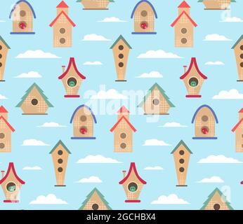 Seamless pattern with flat hand drawn bird houses on blue background with clouds. Childrens texture with small homes. Vector cartoon surface with arch Stock Vector