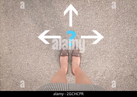 Businesswoman standing on street with a question mark and arrows. Making a direction decision. Stock Photo