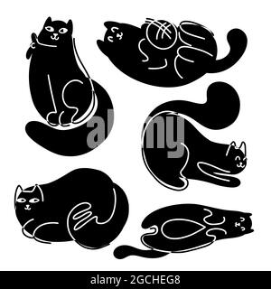 Set of monochrome abstract fat cats. Sleeping and resting black kittens with outline drawing.Vector print of pets. Modern illustration animals Stock Vector