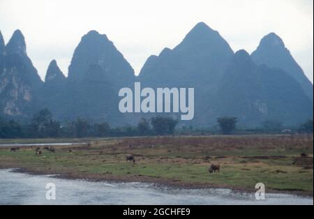 Berge am Li Jiang Fluss nahe der Stadt Guilin, China 1998. Mountains by the shore of river Li Jiang near the city of Guilin, China 1998. Stock Photo