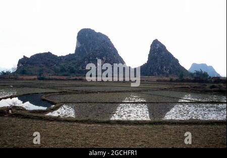 Berge am Li Jiang Fluss nahe der Stadt Guilin, China 1998. Mountains by the shore of river Li Jiang near the city of Guilin, China 1998. Stock Photo