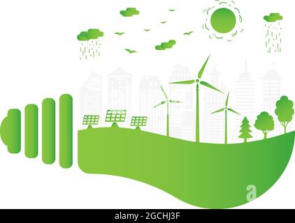 Silhouette green city with renewable energy sources. Ecological city and environment conservation. Green city inside the electric bulb. Vector illustr Stock Vector