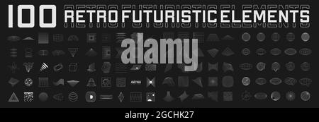 Set of retrofuturistic design elements. Perspective grids, tunnels, RETRO title, polar grid, geometry, portals, gravity visualization. Pack of Stock Vector
